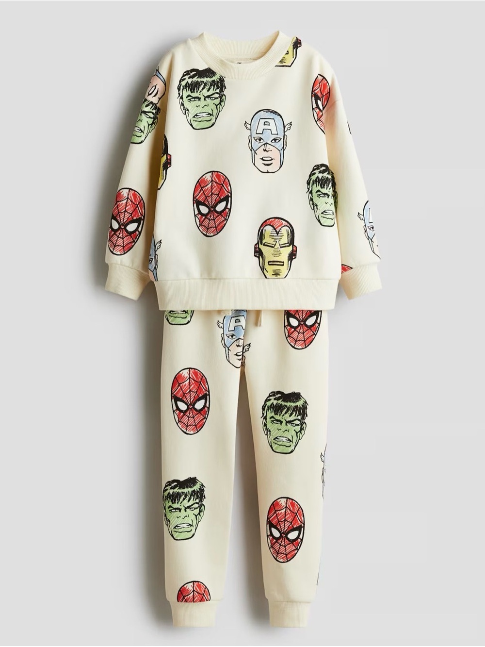 H&M 2-PIECE PRINTED SWEATSHIRT SET Cream Marvel Faces Kids Sweatshirt & Pants 5